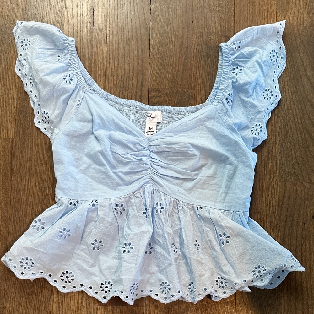 Japna Light Blue Eyelet Ruffle Blouse